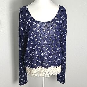 Rue21 Navy Blue Top with White Anchors Print, Embroidered Hemline, Size XL